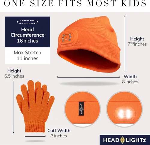 Vista 2 de HEAD LIGHTZ by Roq Innovation - Kids Beanie with Light & Glove Set - Unisex LED Beanie Hat with Light Built in, Rechargeable