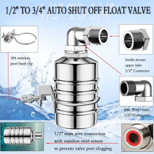 Vista 3 de Válvula de flotador, válvula de flotador de control de nivel de agua de 1/2" a 3/4", válvula de cierre de agua completamente automática de acero