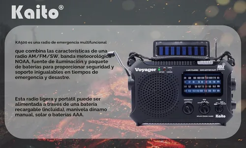 Vista 3 de Radio de alerta meteorológica Kaito KA500 de emergencia AM/FM/SW con 5 funciones Negro