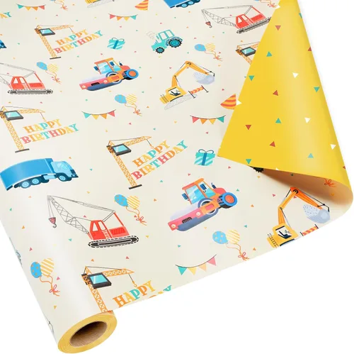 Vista 7 de BIOBROWN Rollo de papel de regalo reversible de cumpleaños, 17 pulgadas x 16 pies, pancarta de cumpleaños, diseño de bandera y confeti, papel