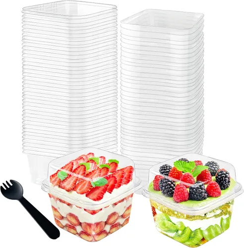 Vista 9 de 50 piezas de vasos de plástico transparente de 8 oz con tapas de cúpula con agujero, vasos de postre desechables, contenedores de comida para llevar