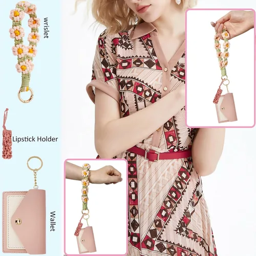 Vista 7 de BIHRTC Llavero de pulsera boho con soporte para lápiz labial, pulsera hecha a mano