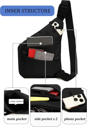 Vista 4 de Bolso cruzado para mujeres y hombres, bolsa ligera para viajes, senderismo, ciclismo, bolso cruzado antirrobo, color negro