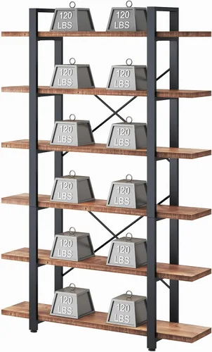 Vista 6 de HSH Estantería industrial de madera maciza de 6 niveles, color marrón Marrón desteñido