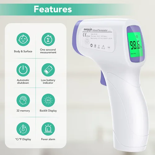 Vista 2 de Termómetro infrarrojo para la frente, termómetro infrarrojo digital sin contacto para adultos, niños, bebés con pantalla LCD digital 3 en 1