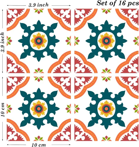Vista 2 de Pegatinas de Azulejos Estilo Azulejo Español Portugués Despegar y Pegar para Salpicadero Juego de 16 piezas (3.9_10)