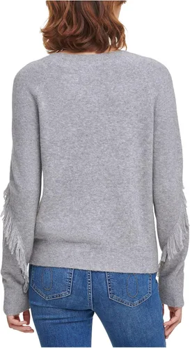 Vista 2 de Calvin Klein Suéter de manga larga con flecos y cuello redondo para mujer, color gris, talla XL, Gris