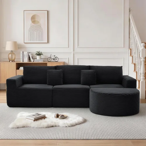 Vista 11 de Korser Sofá modular en forma de L de 110 pulgadas con diván, sofá modular de pana esponjosa con asiento profundo y bolsillos laterales, cómodos Beige