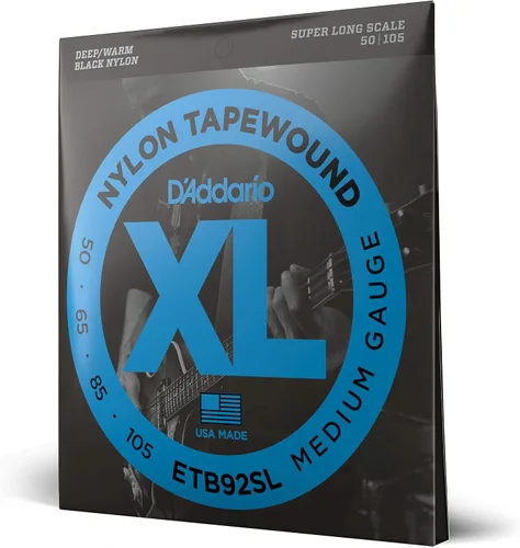 Vista 4 de D'Addario Cuerdas para Bajo, Enrolladas en Cinta Negra de Nylon, ETB92M, Escala Media, Calibre Medio 50-105, Juego de 4 Cuerdas, Paquete de 1