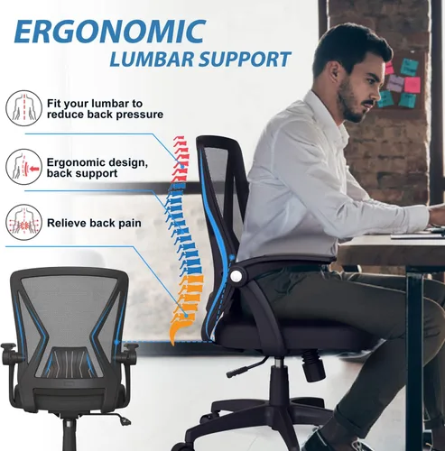 Vista 5 de Silla de escritorio ergonómica de malla giratoria para computadora con reposabrazos abatibles y soporte lumbar