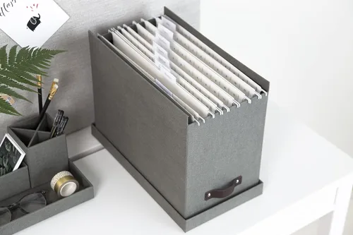 Vista 7 de Bigso Box of Sweden Organizador de archivos con elegante asa de cuero, caja organizadora de aspecto escandinavo que incluye 8 archivos colgantes