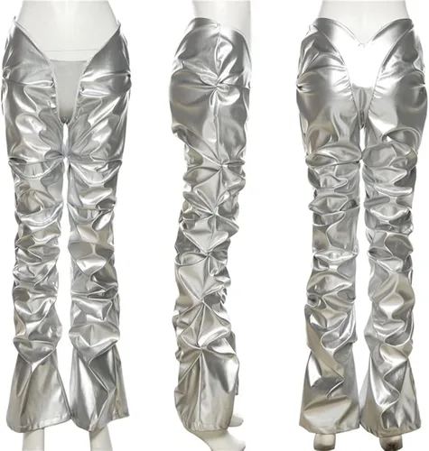 Vista 5 de LROSEY Pantalones metálicos para mujer, hipster, de piel sintética, con cintura en V, apilados, Metálico
