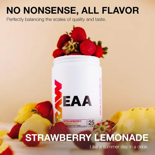 Vista 4 de RAW EAA Aminoácidos en polvo, limonada de fresa (25 porciones) – Aminoenergía en polvo preentrenamiento para fuerza, resistencia, recuperación