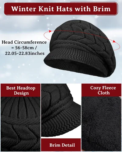 Vista 9 de SATINIOR Juego de 4 gorros y guantes de invierno para mujer, gorro de punto cálido, gorro de esquí de nieve con visera y guante para pantalla rojo