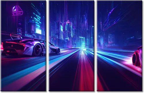 Vista 15 de Arte de pared de 3 piezas de escena de ciencia ficción de la calle comercial futurista paisaje urbano, decoración de pared para dormitorio