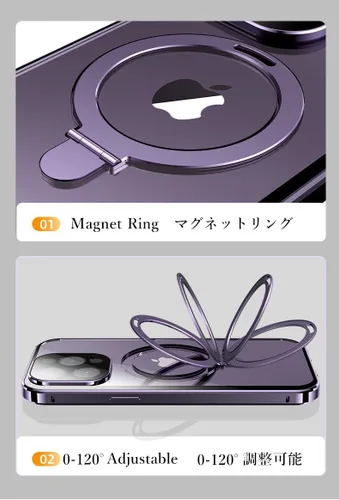 Vista 4 de Funda magnética para iPhone 12 Pro, compatible con Magsafe con soporte de anillo, protector de pantalla, protector de lente de cámara, protector