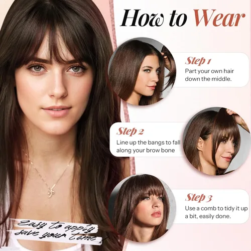 Vista 6 de Flequillo con clip, 100% cabello humano real, 3 clips de seguridad, flequillo francés, flequillo falso natural y sin costuras para mujer, rubio