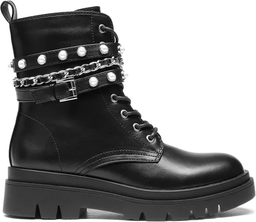 Vista 2 de DREAM PAIRS Botas de combate con plataforma de moda para mujer, con cordones, suela gótica, botines de tobillo, plateado