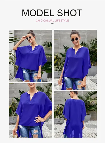 Vista 4 de Ecrocoo - Blusa estilo kimono para mujer, estilo casual, manga media, cuello en V, ajuste holgado, elegante.