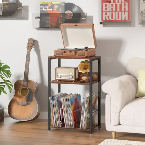 Vista 8 de Soporte para tocadiscos, mesa auxiliar de 3 niveles con almacenamiento de discos de vinilo, soporte para discos de vinilo de hasta 120 álbumes