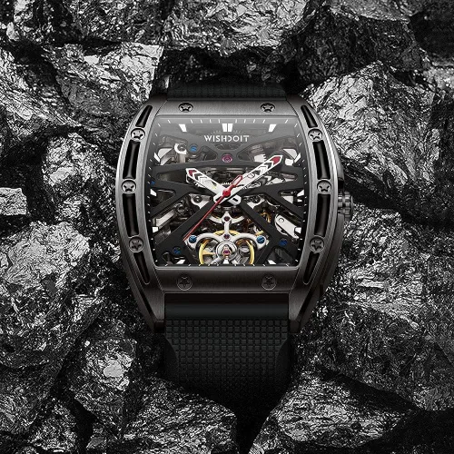 Vista 7 de WISHDOIT Tonneau Watches Automatic Mechanical Stainless Steel Barrel Shaped Case Street Style Wristwatch Waterproof Sapphire Crystal Rubber Strap
