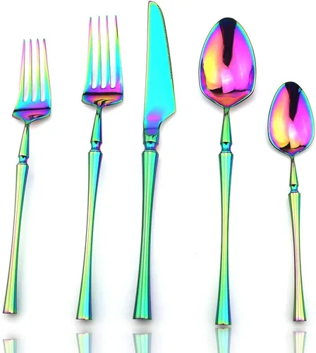 Vista 11 de JASHII Juego de cubiertos de titanio de lujo de 6 piezas de acero inoxidable 18/10 pulido de espejo de arco iris cubiertos incluye tenedor cuchillo