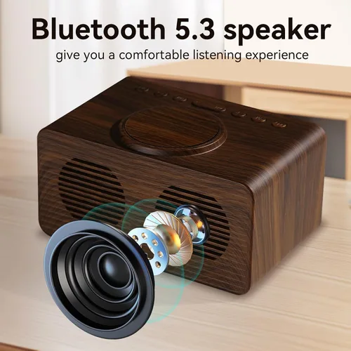 Vista 4 de Reloj despertador de madera con altavoz Bluetooth con carga inalámbrica, atenuador de brillo ajustable 0-100%, 2 alarmas, repetición de 9 minutos