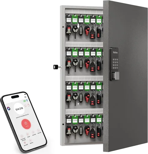 Vista 10 de Caja de 32 llaves con cerradura para llaves – Armario de llaves montado en la pared con doble cerradura (combinación de llave y 3 dígitos), estantes