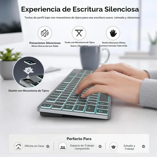 Vista 5 de Teclado inalámbrico silencioso y mouse retroiluminado, combo de teclado plano silencioso recargable, mouse Jiggle, mouse delgado inalámbrico de 2.4