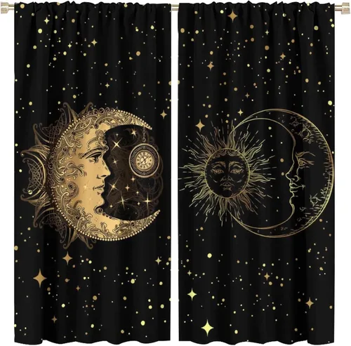 Vista 82 de Cortinas opacas con diseño de sol y luna, cuerpos celestes bohemios, con diseño de sol, luna y estrellas, para sala de estar, dormitorio, 42 x 45