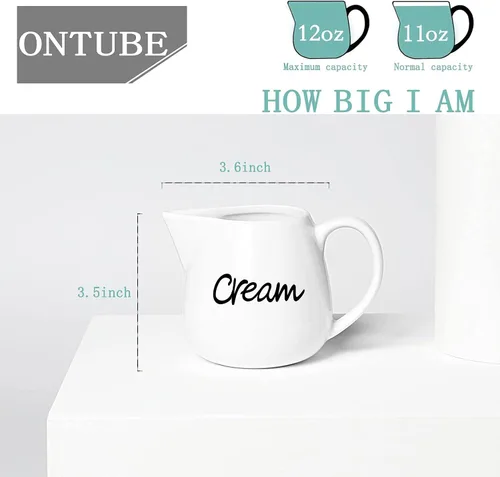 Vista 3 de ONTUBE Crema de porcelana, jarra de crema de leche de cerámica de 12 oz (blanco) Porcelain, 12oz creamer pitcher, white, drip-free, easy-pour