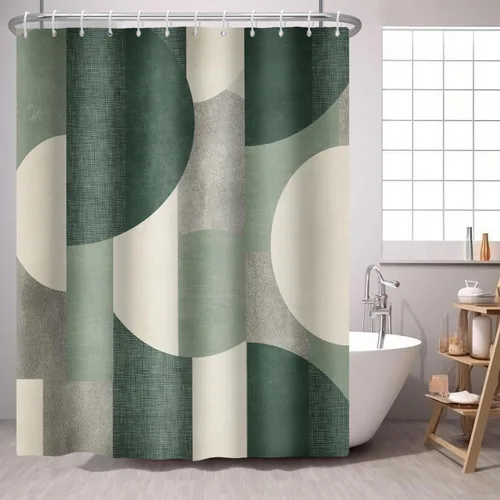 Vista 10 de Cortina de ducha azul marino con círculos geométricos abstractos y modernos, estilo contemporáneo, cortinas de ducha de tela impermeable gris