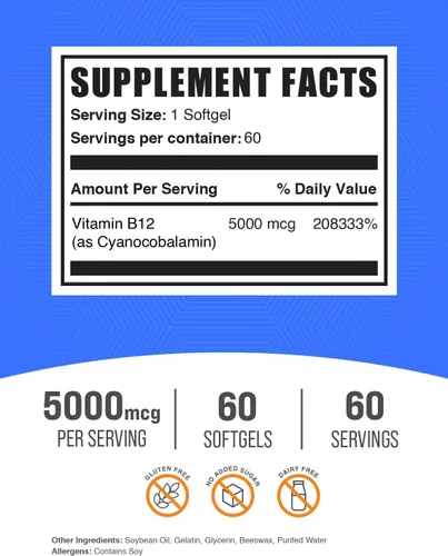 Vista 2 de BulkSupplements Vitamina B12 5000 mcg cápsulas blandas - como cianocobalamina, suplementos de vitamina B12, para apoyo energético, sin gluten
