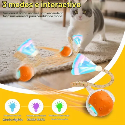 Vista 2 de Pelota interactiva de juguetes para gatos de interior, juguete automático para gatos con cola de malla elástica, juguete rodante recargable, 2-Rojo