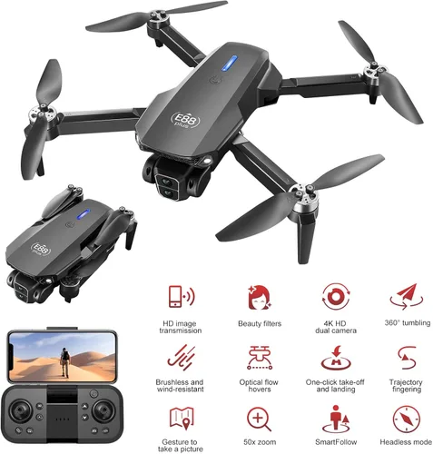 Vista 2 de Dron con cámara HD para adultos principiantes, mini cuadricóptero RC plegable con motor sin escobillas, modo sin cabeza, posicionamiento de flujo