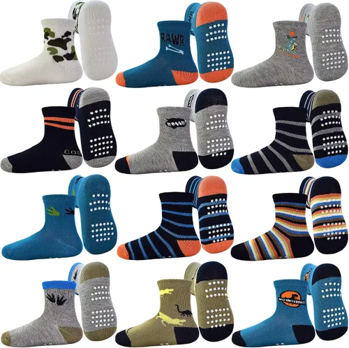 Vista 8 de Tphon - Calcetines antideslizantes para bebés y niños pequeños, 12 pares con agarre, calcetines de tripa para niños de 0 a 7 años, niños y niñas