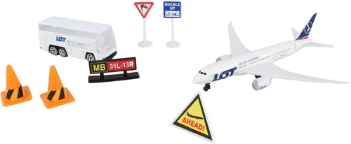 Vista 2 de Daron LOT Polish Airlines Airport Playset – Avión de juguete de metal fundido a presión con accesorios – Set de juego de aerolínea con licencia