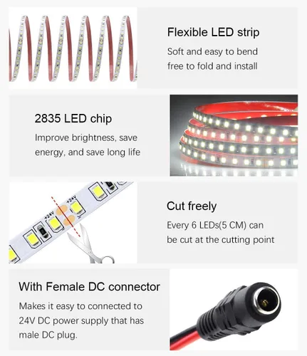 Vista 4 de ALITOVE Tiras de Luces LED Blancas Luz de Día 6000K 32.8ft 1200LEDs 2835SMD 24V 120W 21600LM Ultra-brillantes Luces LED Flexibles en Cuerda
