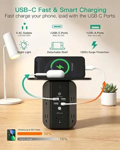 Vista 2 de Extensor de toma de pared con estante y luz nocturna, protector de sobretensiones, cargador de pared USB con 5 salidas de CA y 3 puertos USB A, 1