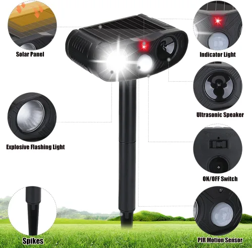 Vista 3 de Paquete de 4 repelentes solares de animales: dispositivo repelente de ciervos Sonic Fortress Pro para patio, repelente ultrasónico de gatos al aire