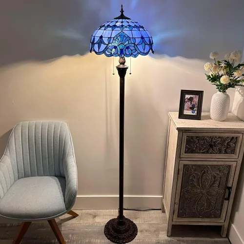 Vista 2 de Lámpara de pie de vitrales azules estilo barroco con base de metal bombillas LED incluidas para sala de estar, dormitorio, 16 pulgadas