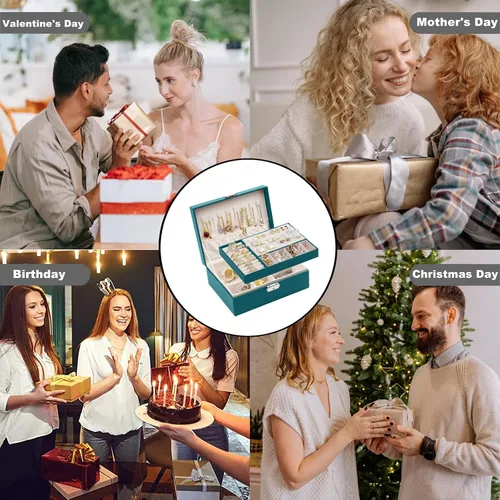 Vista 6 de SYCARON Joyero organizador para mujeres y niñas, estuche organizador de joyas de 2 capas, caja de almacenamiento de joyería de piel sintética