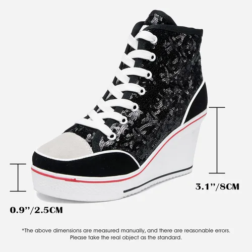 Vista 2 de Zapatos de lona de tacón alto para mujer, zapatos casuales de moda, tenis brillantes para caminar, plataforma, cuñas, zapatos de tacón
