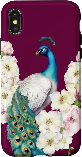 Vista 5 de iPhone 16 Peacock Bird with Long Feathers Watercolor Flowers Case