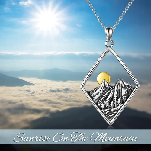 Vista 5 de YFN Collar de plata de ley con dije de onda del océano y cadena de montaña, regalo de joyería para esquiadores, excursionistas, campistas