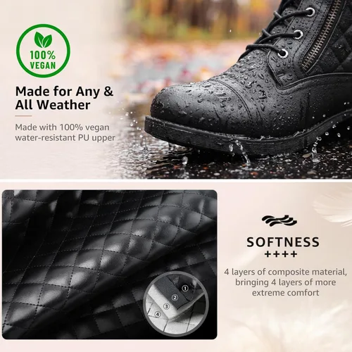 Vista 4 de STQ Botas de combate para mujer con cordones, botines de tobillo Negro
