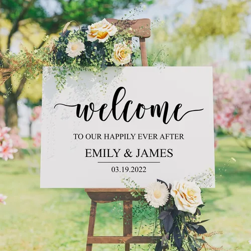 Vista 2 de Calcomanía artística de vinilo – Bienvenido a Our Happily Ever After – 17 x 30 pulgadas – Bonita y elegante felicitación de boda, novia, novio