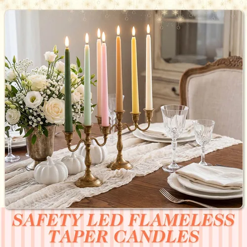 Vista 6 de Baquler 24 velas cónicas sin llama de 11 pulgadas, color rosa y verde, funciona con pilas, velas LED coloridas y parpadeantes de plástico dorado