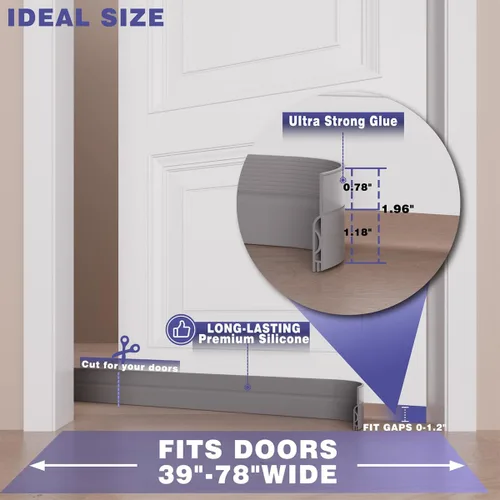 Vista 7 de Tope de corriente de puerta Pundin, barrido de puerta ajustable para la parte inferior de la puerta, sello de puerta inferior de silicona para Gris