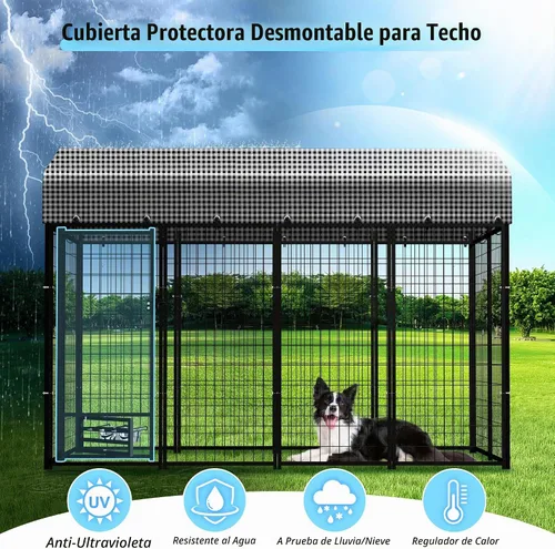 Vista 6 de Perrera grande para perros con techo, recinto resistente para perros para interiores y exteriores con funda extraíble, corralitos para perros